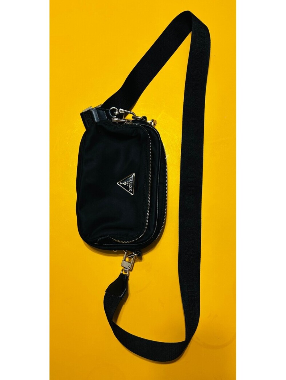 GUESS Black Nylon Crossbody Sling Bag Tonal Logo Webbing Strap Triangle Plaque